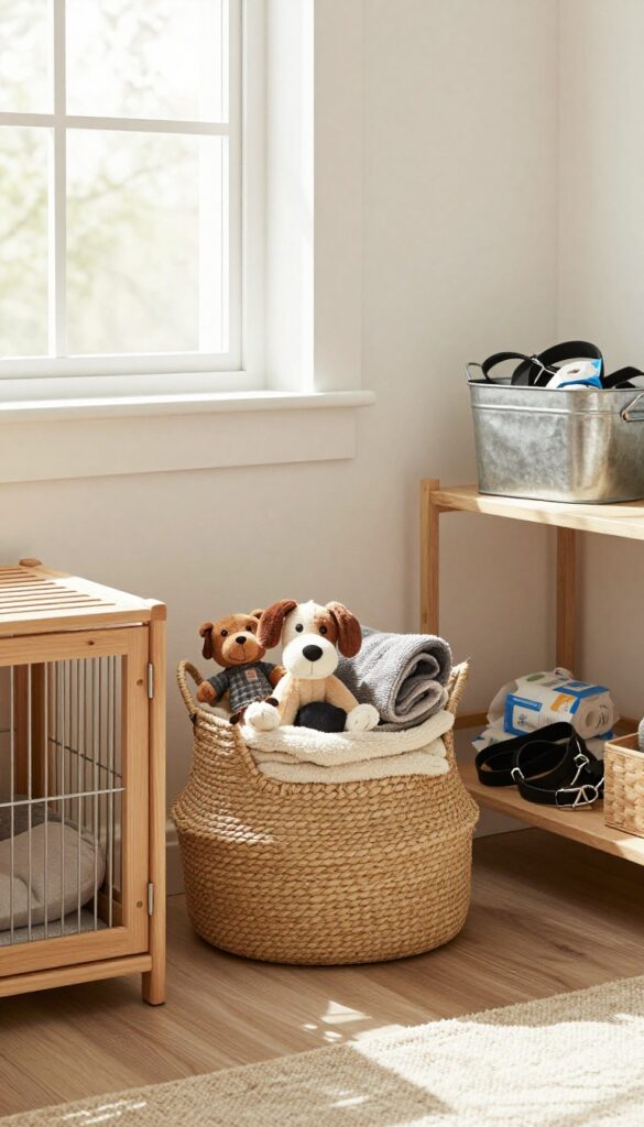 Dog crate corner with decorative woven basket and metal bin holding dog accessories