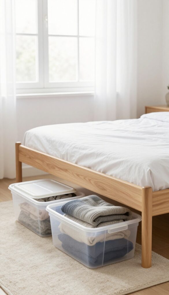 Under-bed storage bins neatly organized under a bed in a bright, clutter-free bedroom