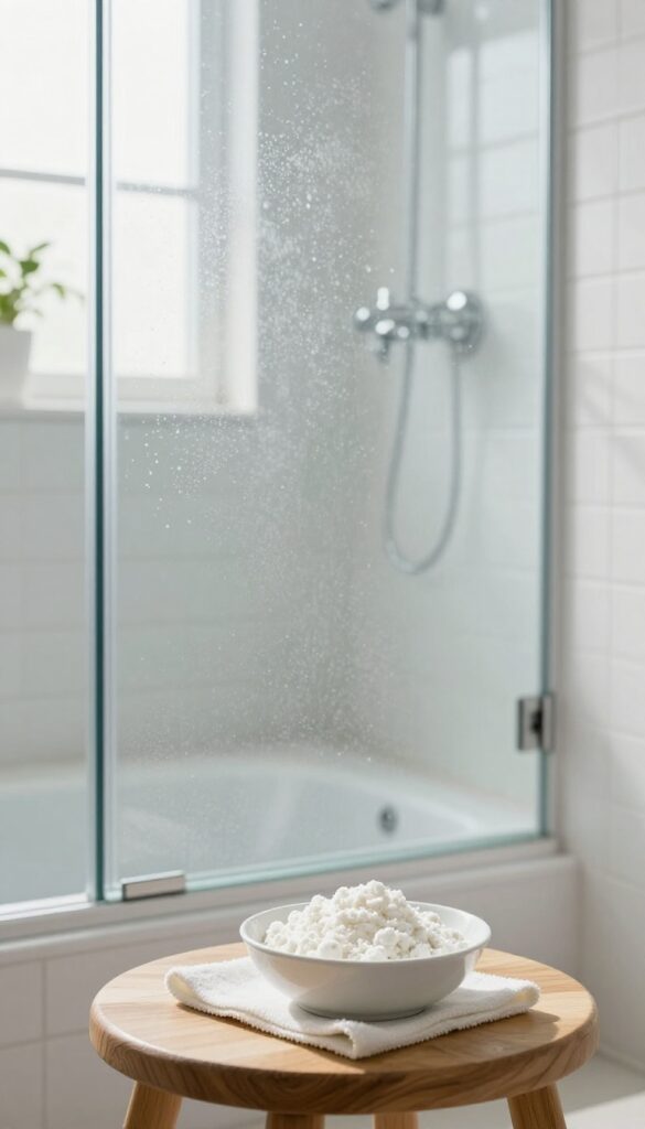 Cornstarch paste applied to cloudy glass shower door for cleaning hard water stains