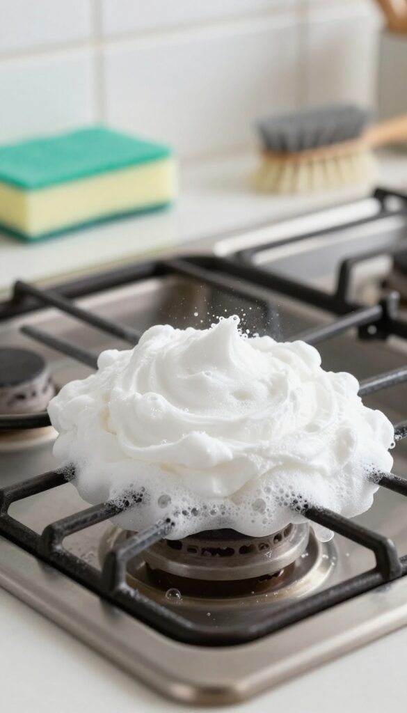 Stove grate covered with fizzing hydrogen peroxide and baking soda paste, natural light, kitchen background