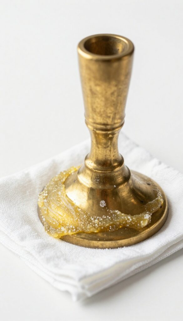 Cleaning a tarnished brass candlestick with lemon and salt paste