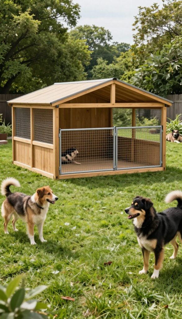 In-ground fenced dog run with shelter for multiple dogs