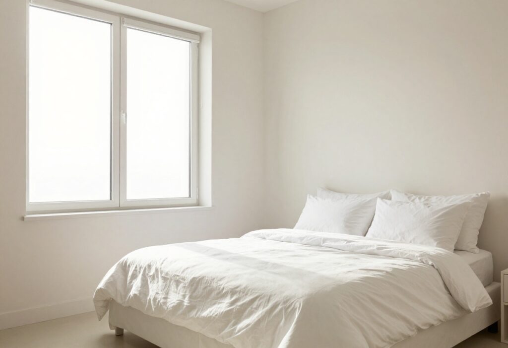 A clean, bright bedroom with sunlight, a made bed, and fresh linens