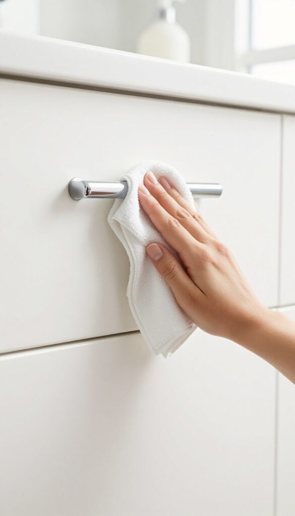 Wiping down bathroom cabinet doors and handles with a microfiber cloth