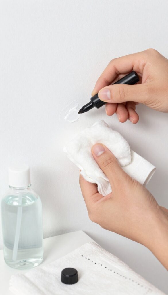 Cleaning permanent marker off a white wall with rubbing alcohol and a cotton ball
