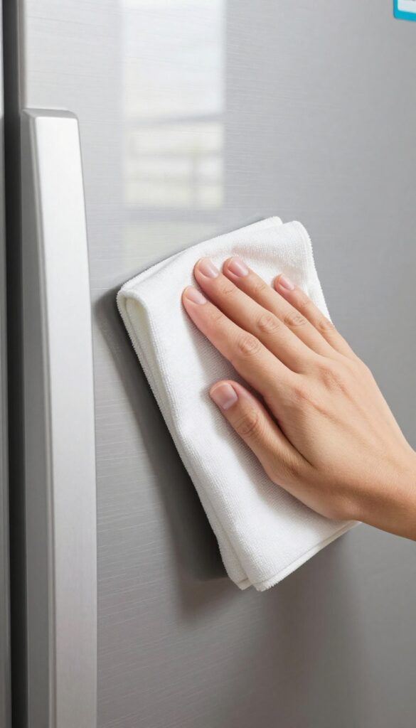 Hand wiping a stainless steel refrigerator with a dry microfiber cloth, bright natural light, clean surface