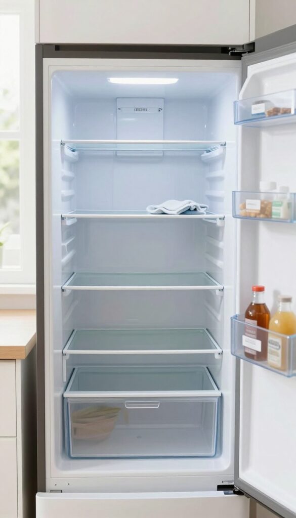 Person cleaning empty refrigerator shelves and drawers in a bright kitchen
