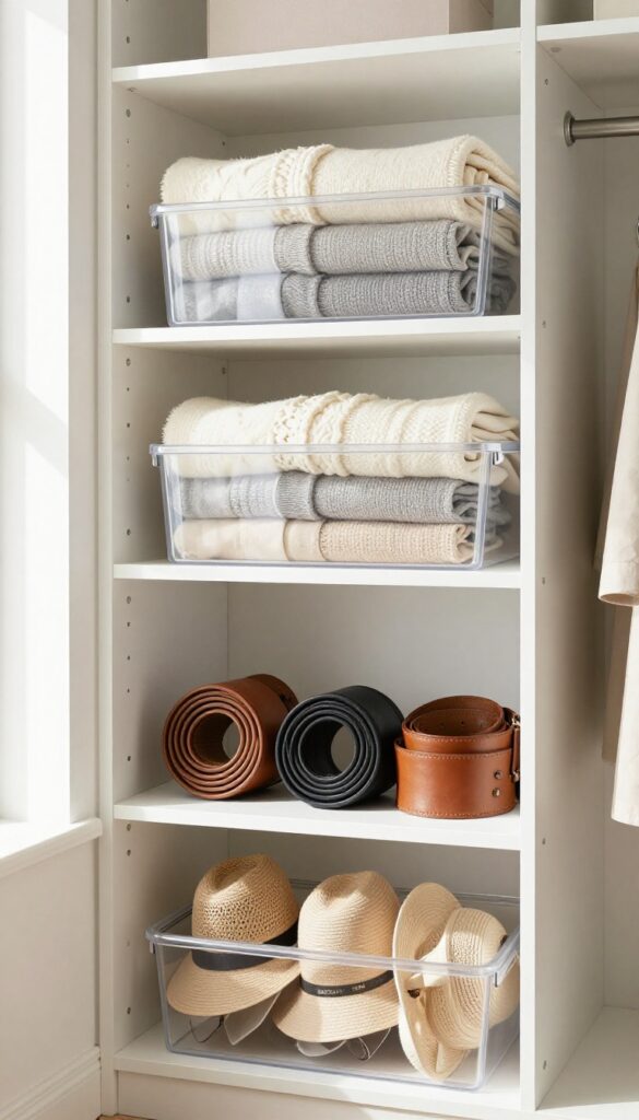 Clear bins neatly storing scarves, belts, and hats on a closet shelf