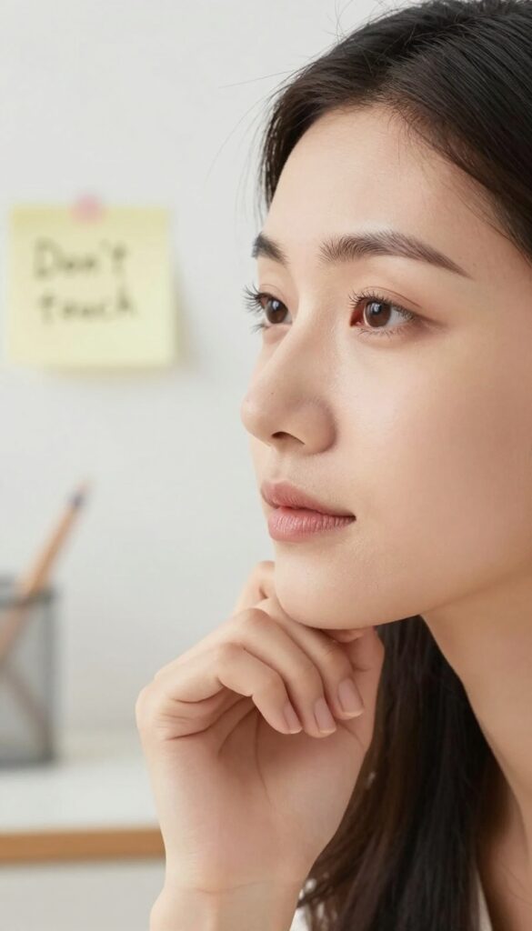 Woman stopping herself from touching her face at a clean desk, emphasizing hygiene awareness.