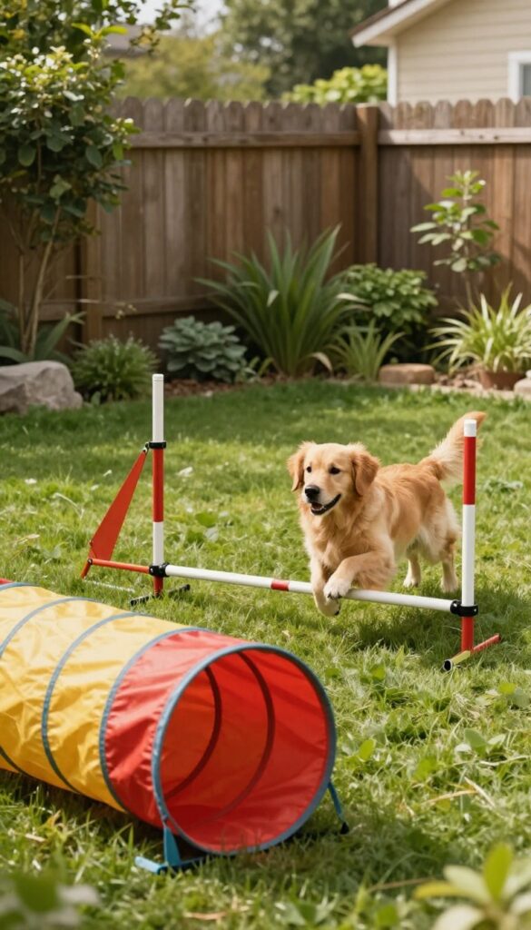 Dog jumping over a PVC agility hurdle in a sunny backyard with a tunnel and weave poles