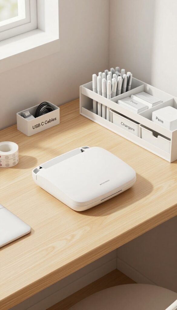 Clean desk with label maker and labeled organizer bins for a tidy workspace.