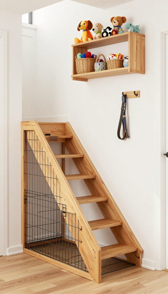 Under-stairs dog crate nook with custom crate, floating shelves, and storage baskets in a bright home