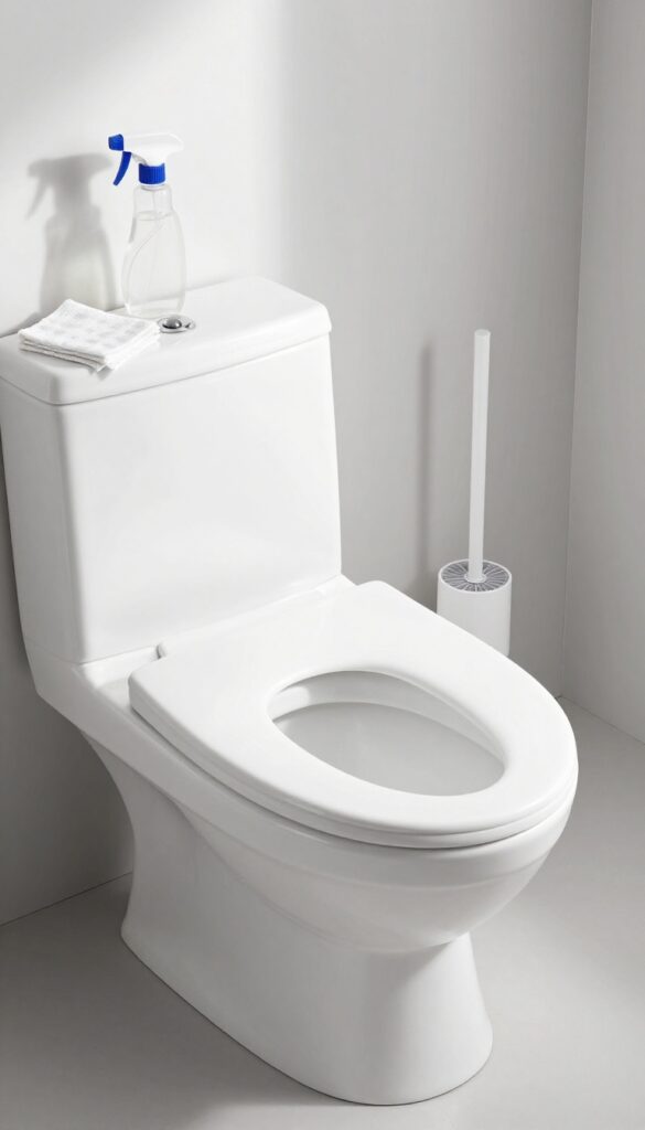 A clean white toilet with a toilet brush, spray bottle, and microfiber cloth nearby in bright natural light.