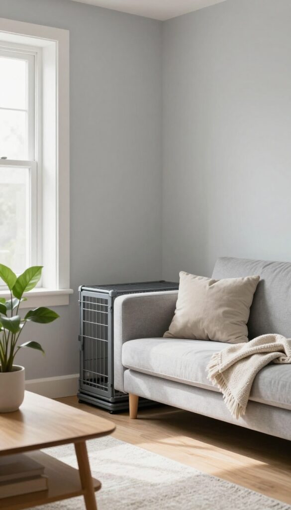 Light gray dog crate blending with gray wall and sofa in bright living room