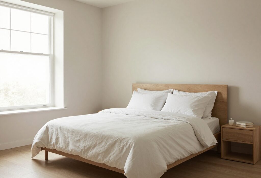 Clean and organized bedroom with a made bed and minimal clutter, bathed in natural light.