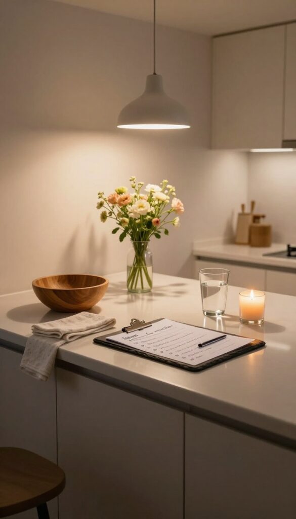 Evening kitchen counter with a daily reset checklist on a slate board, clean surfaces, and soft warm lighting.