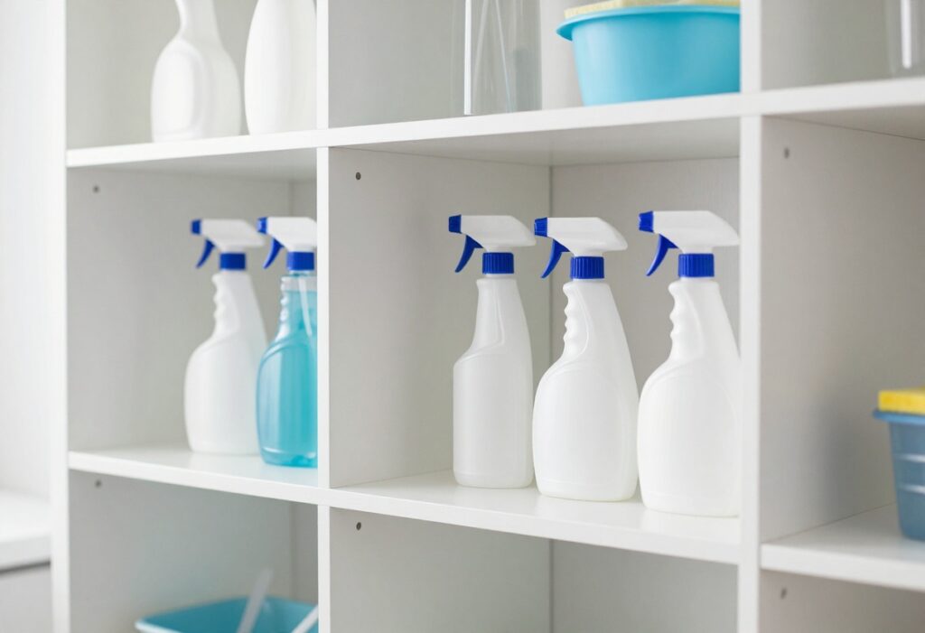 A neatly organised cleaning cupboard with spray bottles, bins, and tools on shelves.