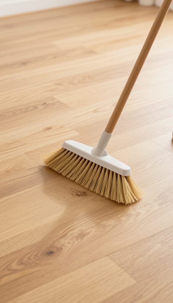 Soft broom sweeping dust on a hardwood floor in natural light