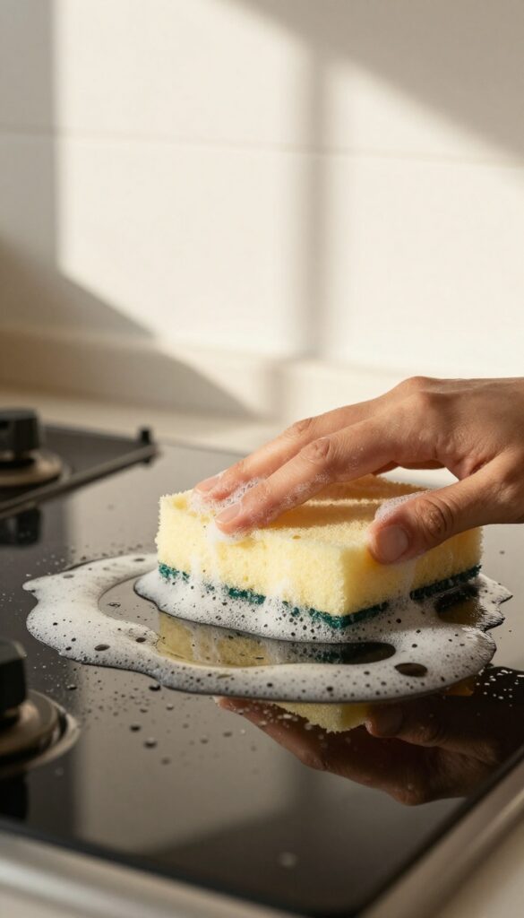 Cleaning kitchen wall grease with dish soap and sponge