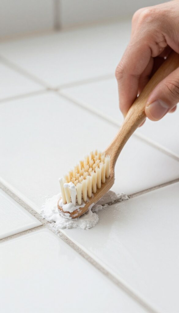 Person scrubbing grout lines on tile floor with an old toothbrush and baking soda paste.