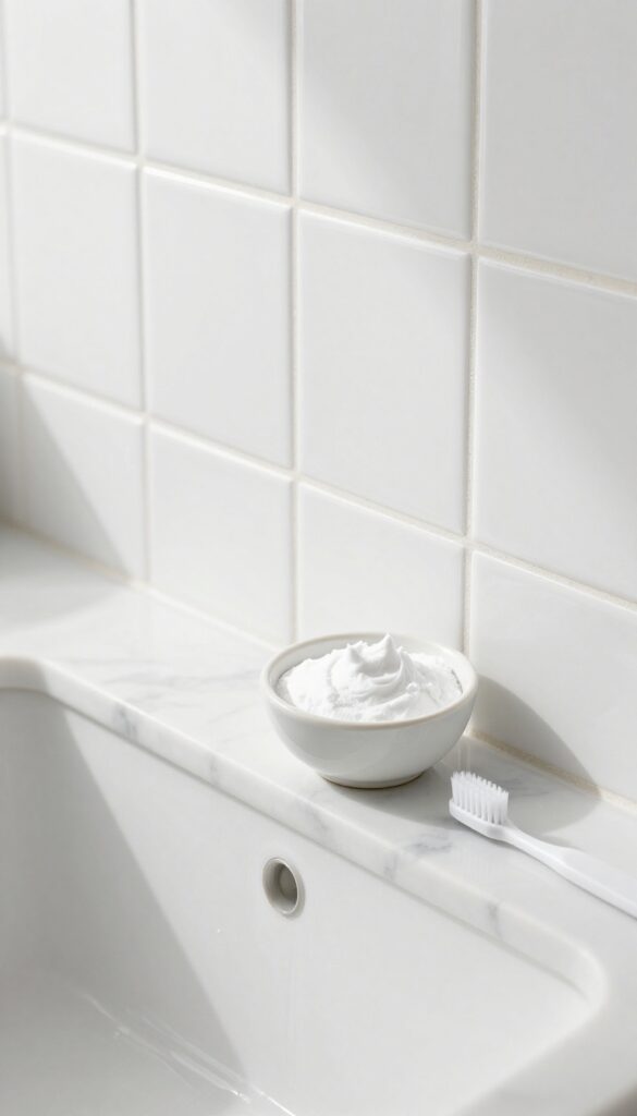 Clean white bathroom tiles and grout with baking soda paste and toothbrush for cleaning