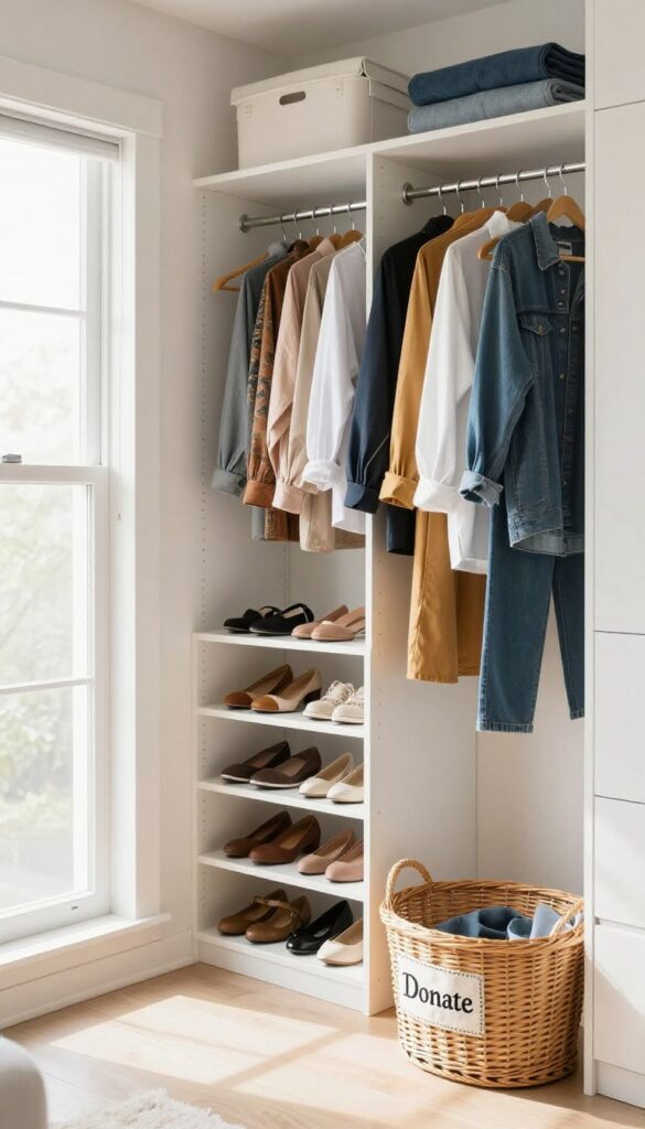 Clean organized closet with natural light and donation basket during weekly reset