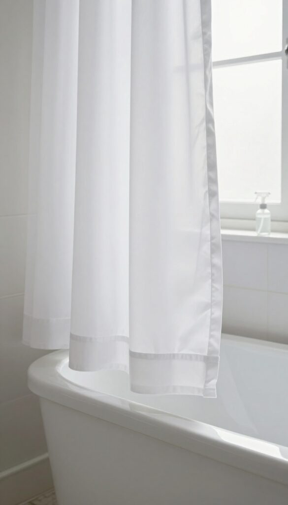 A clean white fabric shower curtain in a bright bathroom with natural light, showing a fresh liner and a spray bottle of bleach solution.