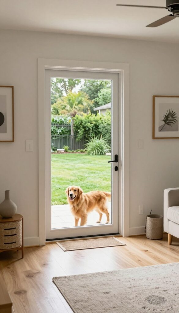 A golden retriever using a dog door in a finished basement walk-out to access a sunny fenced yard.