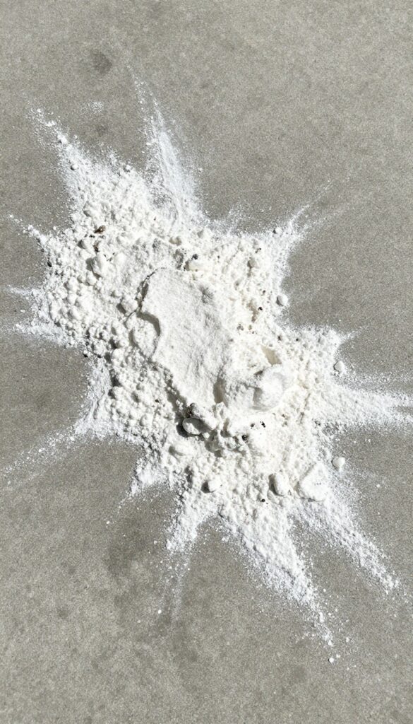 Baking soda applied to an oil stain on a concrete garage floor for deep cleaning