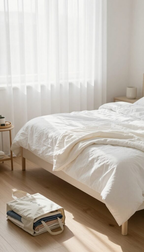 Spring bedroom deep clean with mattress flipping, nightstand decluttering, and clothing donation bag