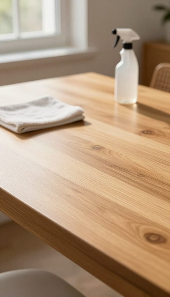 Polished wood furniture with a microfiber cloth and polish bottle in natural light