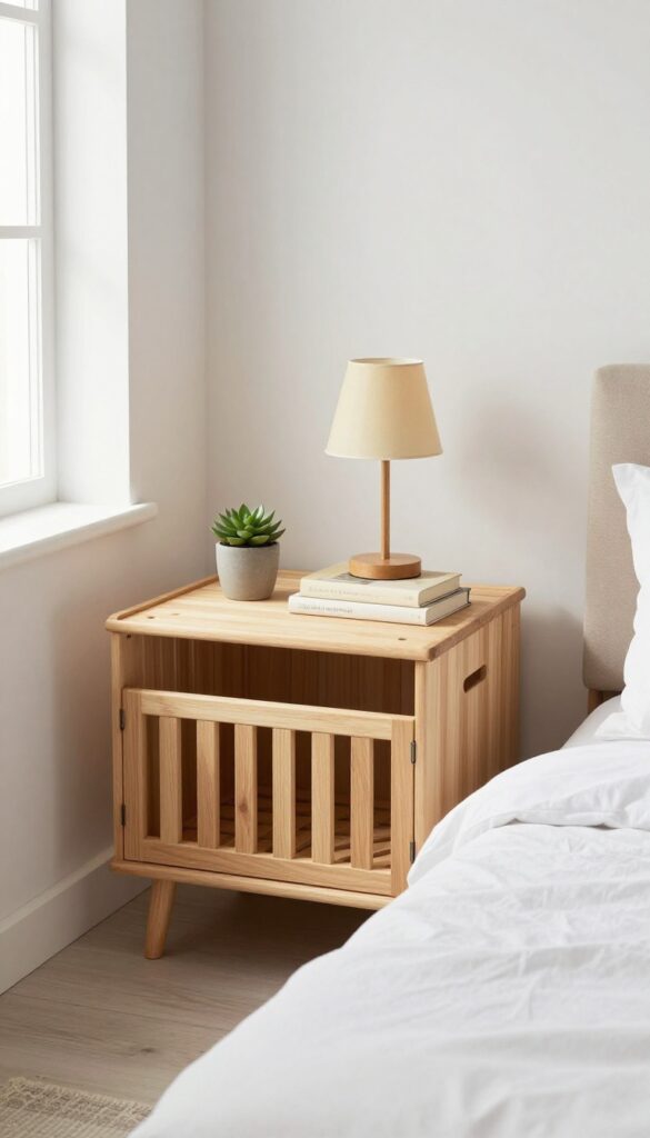 Dog crate used as a nightstand with a lamp, plant, and books in a small bedroom