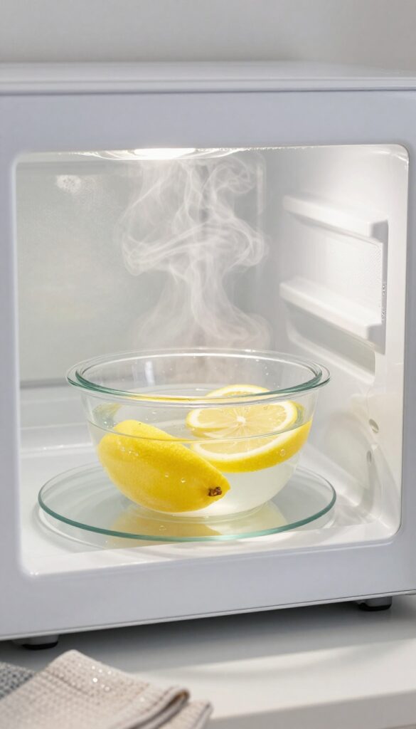 Clean microwave interior with steam bowl and lemon slices