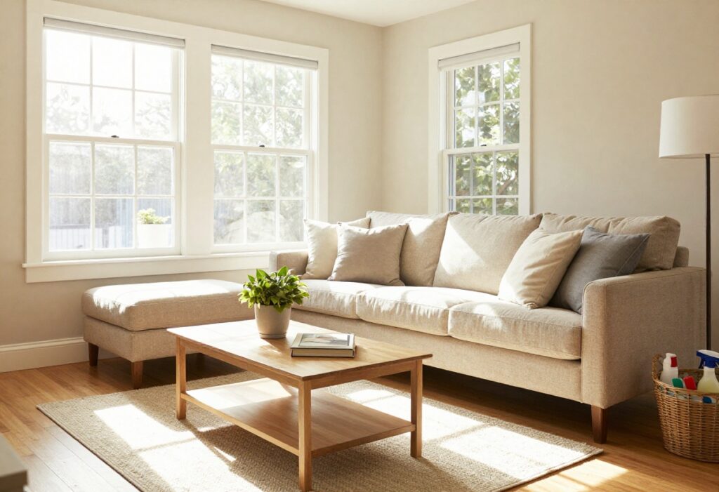A clean and organized living room with sunlight, a tidy sofa, and a basket of cleaning supplies, representing an easy cleaning routine.