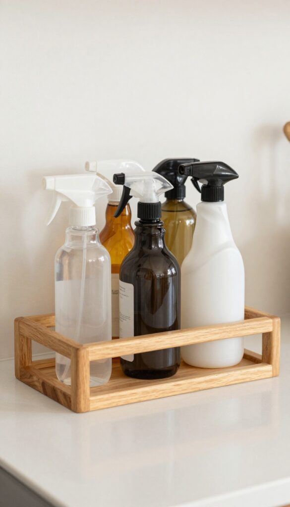 Wine rack used to store spray bottles on a kitchen counter