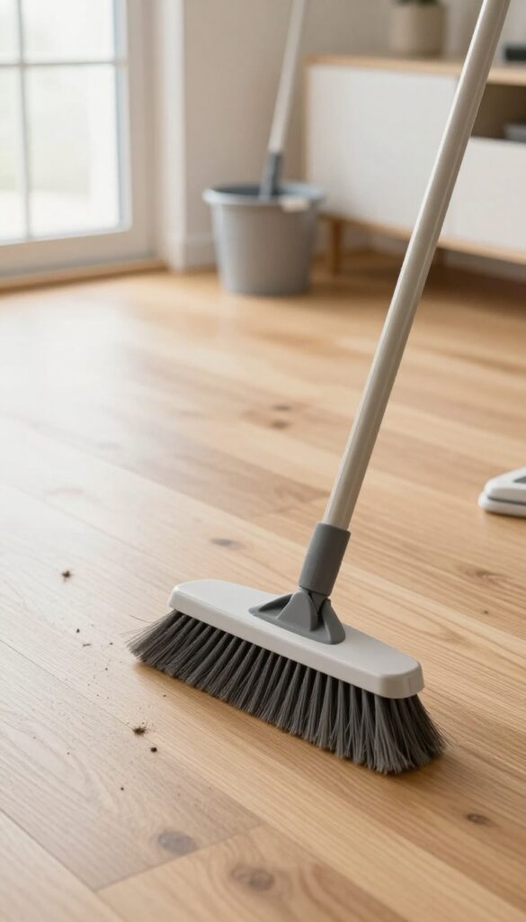 Sweeping hardwood floor before mopping with broom and pile of dust