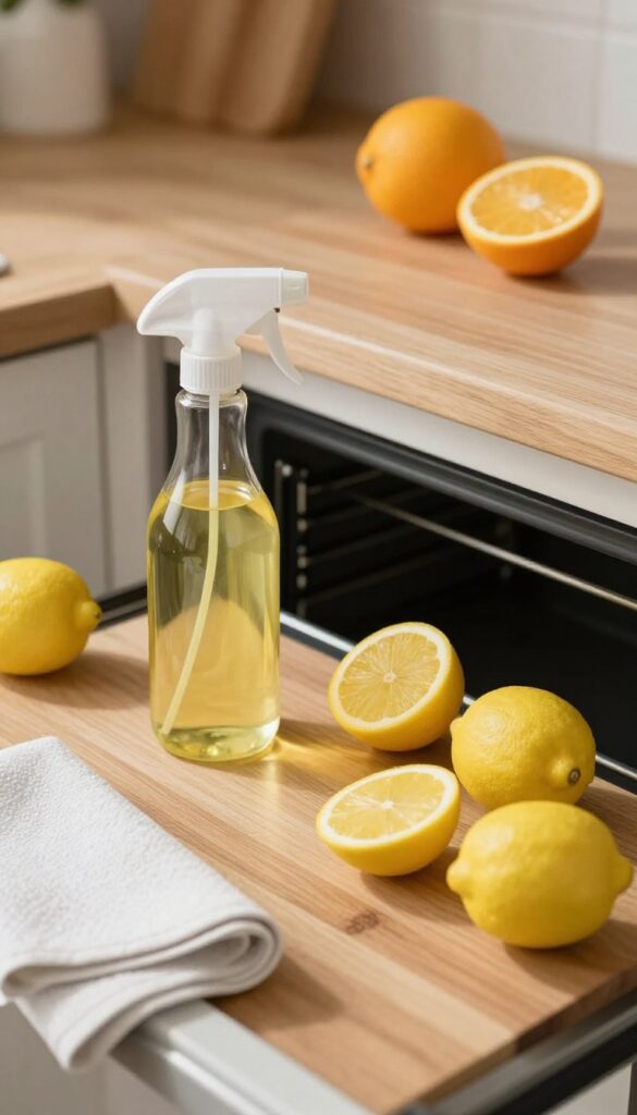 Essential oil degreaser spray on an oven door with lemons and oranges
