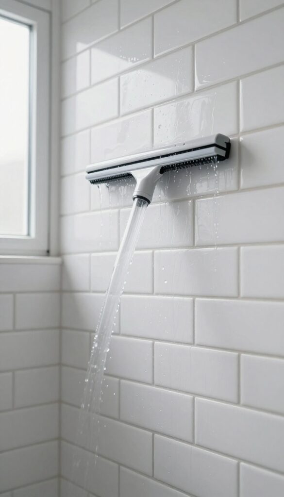 A hand using a squeegee on wet shower tiles to prevent mold in grout lines