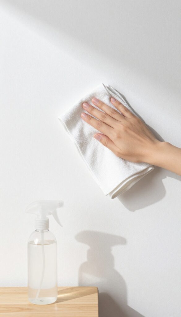 Cleaning a wall with a vinegar and water solution using a microfiber cloth