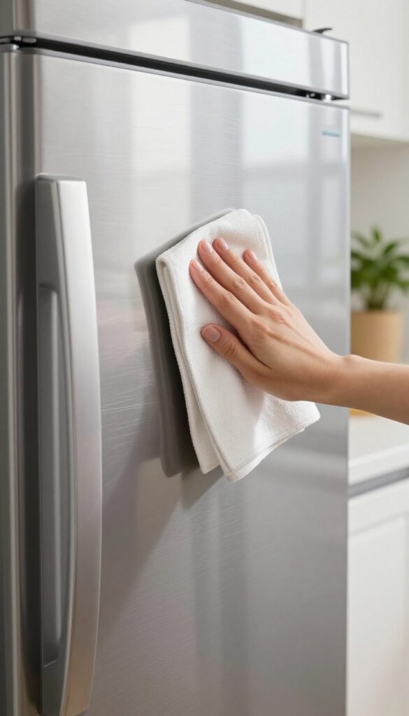 Hand wiping a stainless steel refrigerator with a microfiber cloth, achieving a streak-free shine.