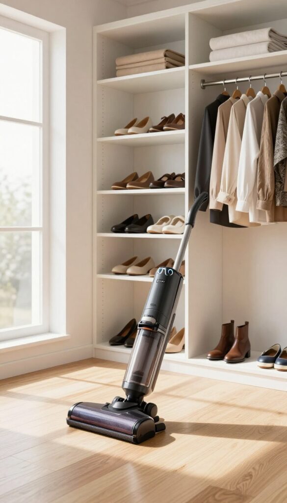 Clean closet floor with vacuum cleaner and organized storage