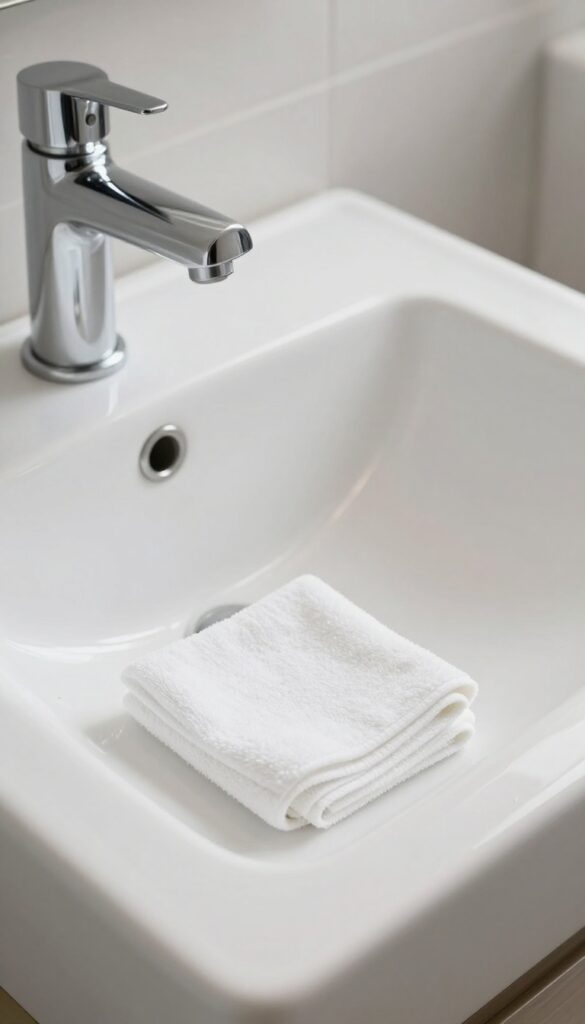 A clean white bathroom sink with a chrome faucet and a folded microfiber cloth beside it, bright natural light, spotless and dry.