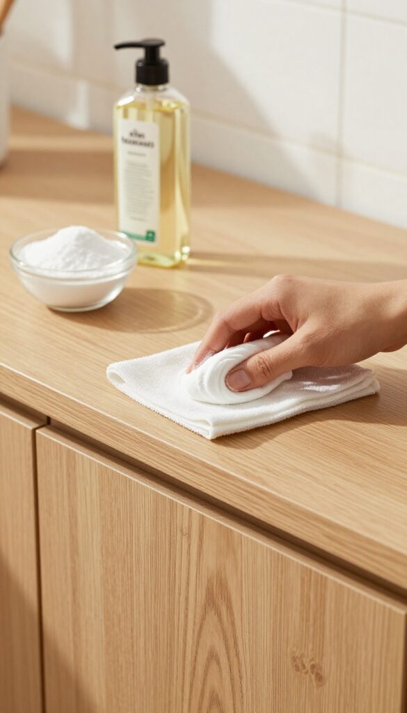 Applying a paste of vegetable oil and baking soda to a wooden kitchen cabinet with a soft cloth.