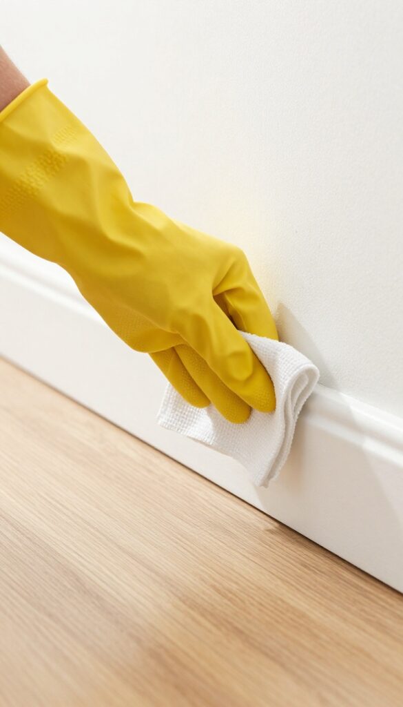 Person cleaning baseboard with microfiber cloth before mopping floor
