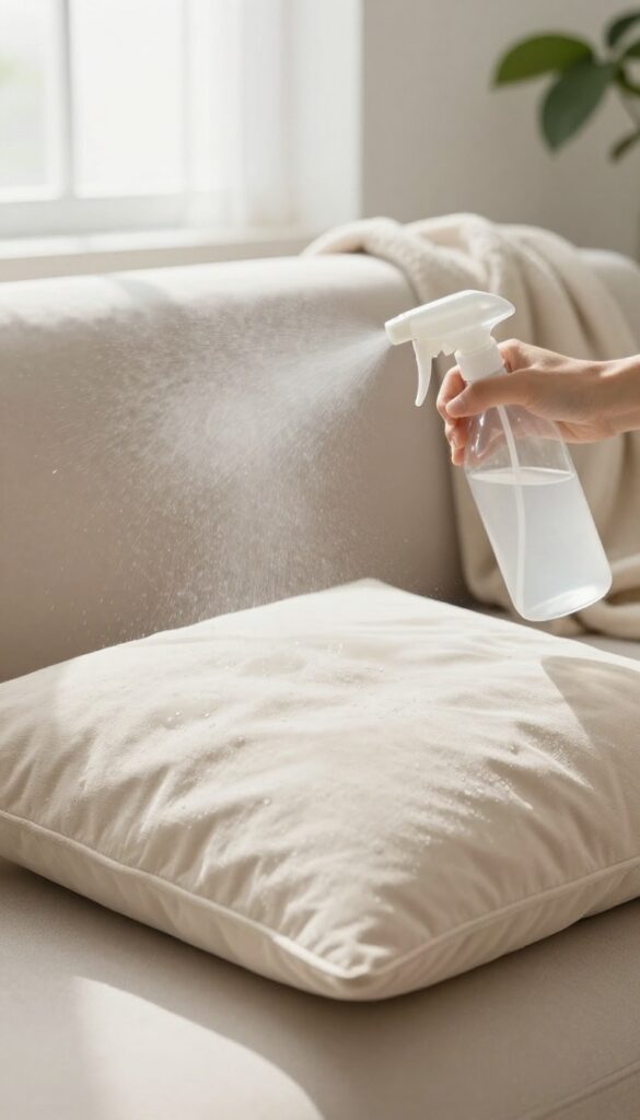 Spraying white vinegar and water solution on a fabric couch cushion for odor removal