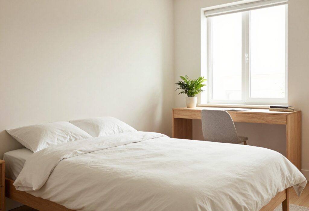A clean and organized bedroom with a made bed, tidy desk, and soft natural light, creating a peaceful atmosphere.