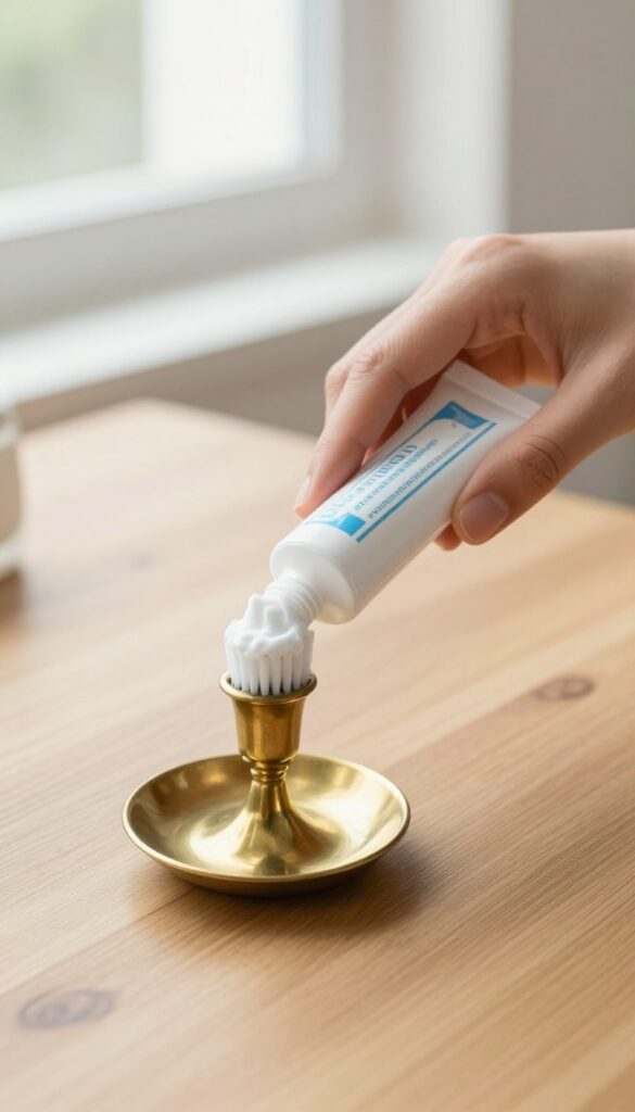 Hand scrubbing tarnished brass candlestick with toothpaste and toothbrush