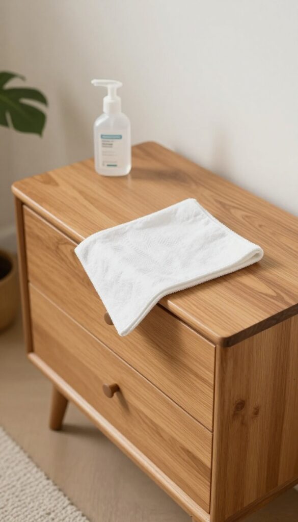 A person wiping a nightstand with a microfiber cloth in a clean bedroom