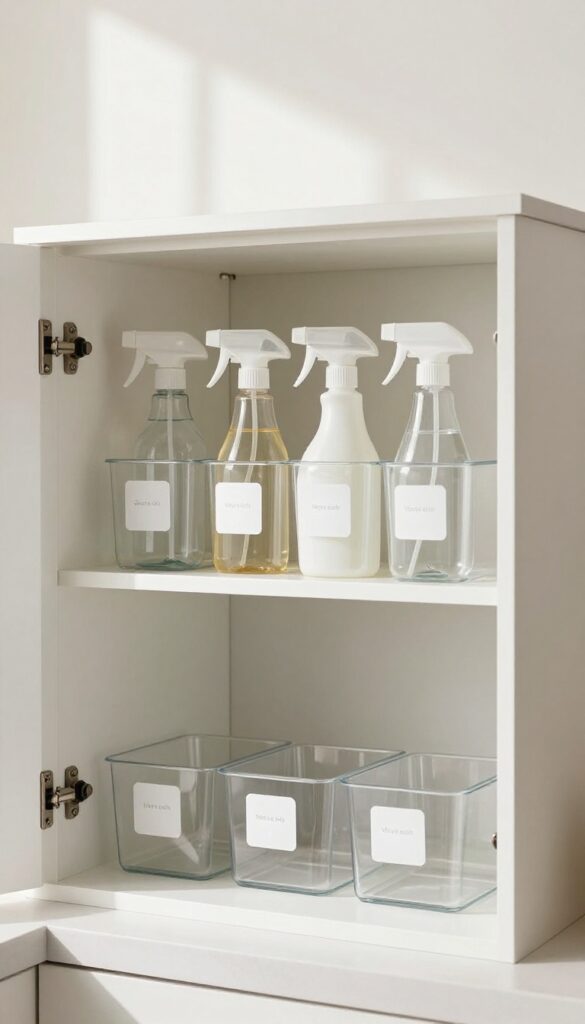 Organized under-sink storage with labeled bins and bottles using a label maker.