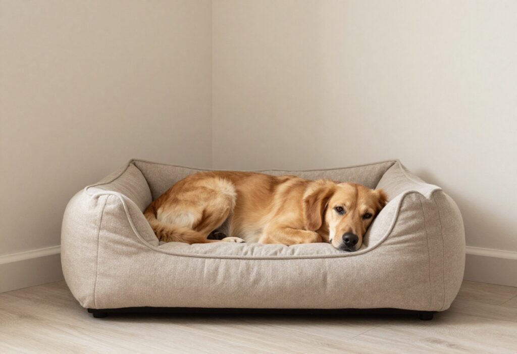 Cozy dog crate with plush bed and relaxed dog inside